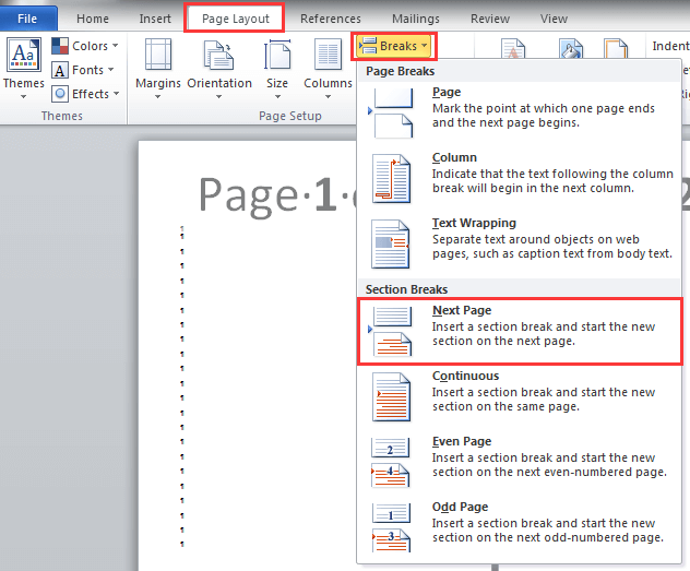 how to change page layout in word for a specific page